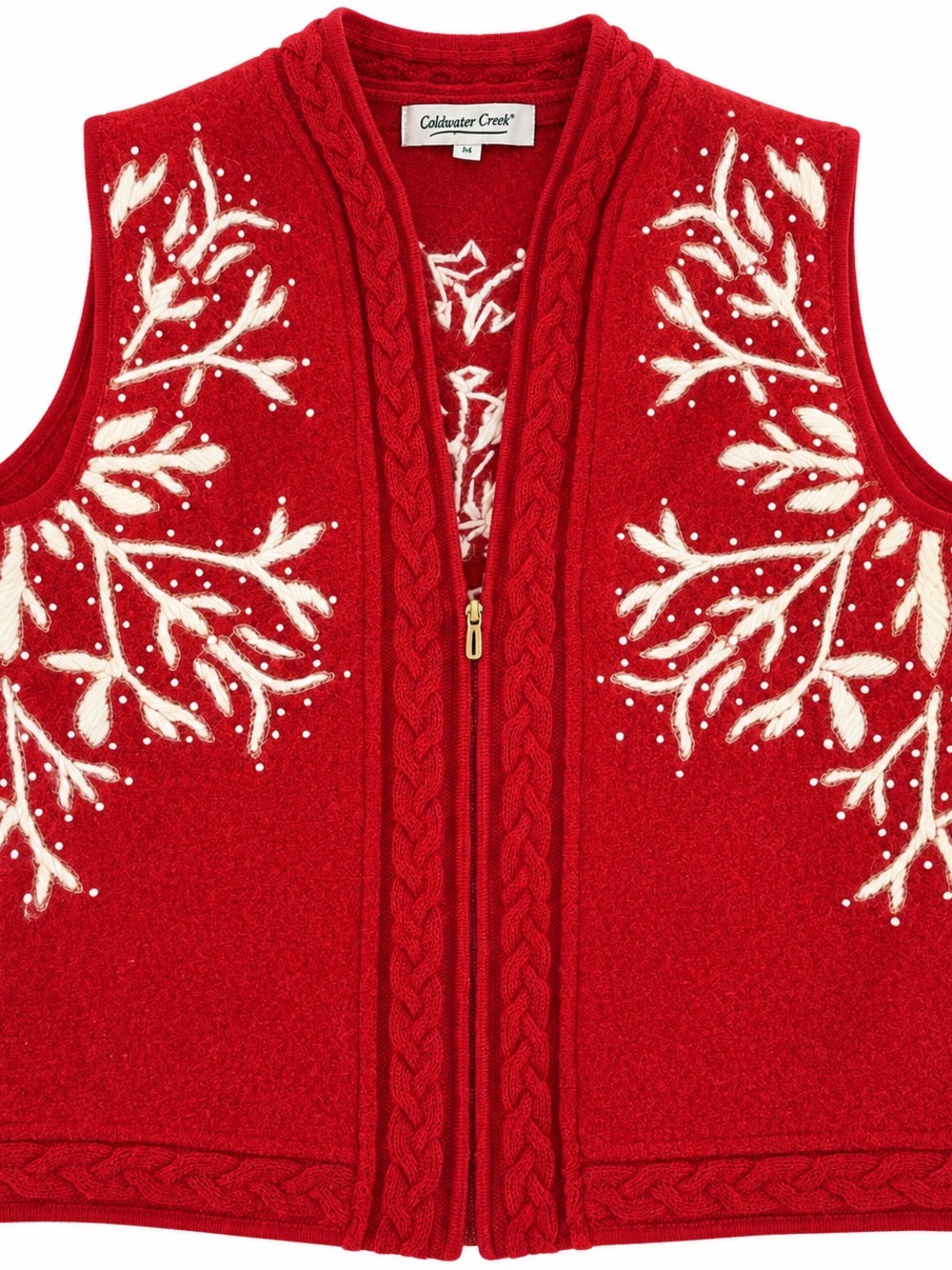 100% Wool VTG Coldwater Creek Holiday Red Zip-Front Embroidered Sweater Vest